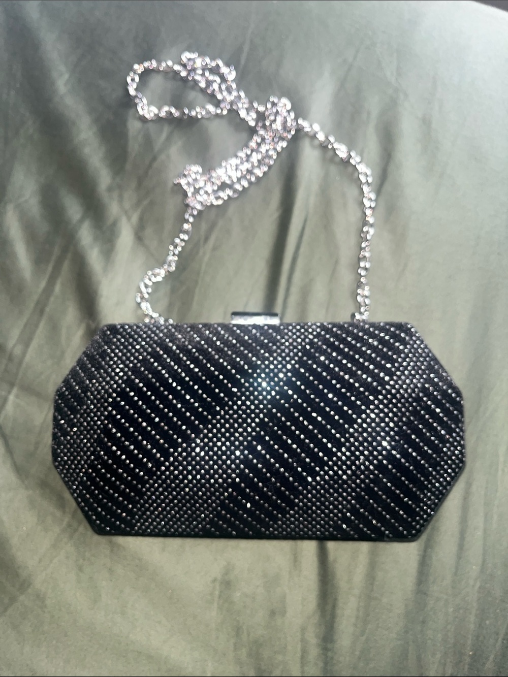 Black Crystal-Embellished Evening Clutch with Chain